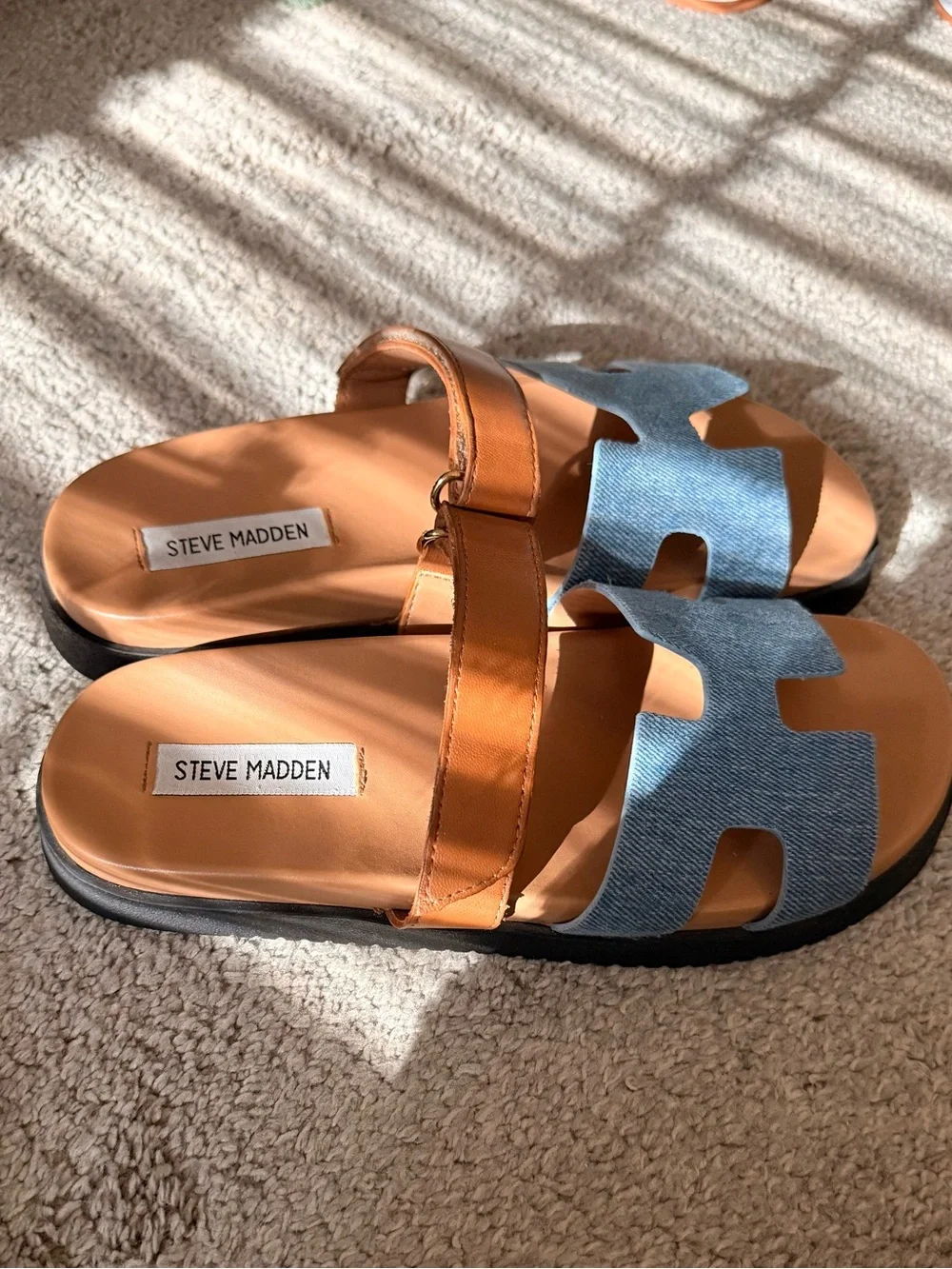Steve Madden Denim Blue & Tan Leather Strap Slide Sandals